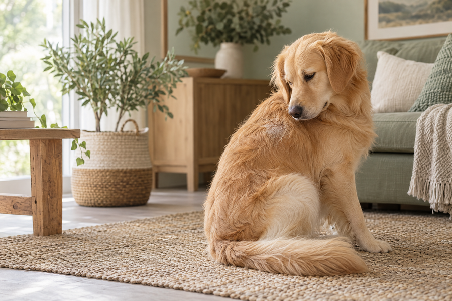 A calm golden dog looking toward a small dry patch of fur on its shoulder in a sunlit home.