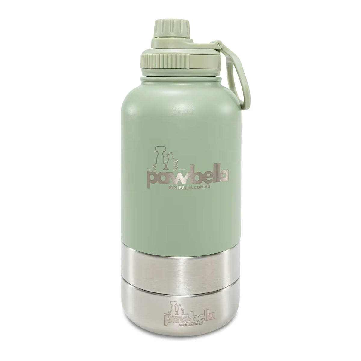 The Pawbella 3-in-1 Dog Water Bottle 1L with Food Bowls is a large, light green and silver insulated bottle with a screw-on lid, handle, and features the Pawbella logo plus dog and cat silhouettes—ideal for trips with your pet stroller.