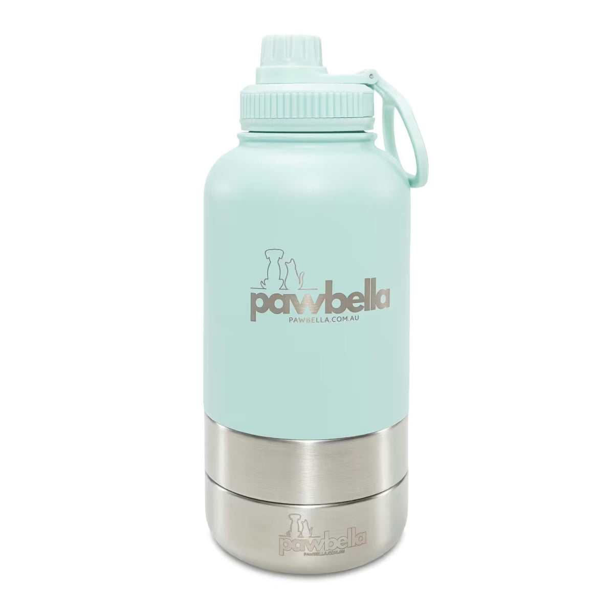The Pawbella 3-in-1 Dog Water Bottle 1L with Food Bowls features a light blue and silver design, handle cap, logo, and dog and cat silhouette—perfect for pet walks or adventures in Australia with your backpack.
