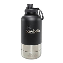 The Pawbella 3-in-1 Dog Water Bottle 1L with Food Bowls in black and silver features a screw-on cap, carrying handle, and dog-and-cat logo—ideal for strolls with your pet stroller or exploring Australia together.