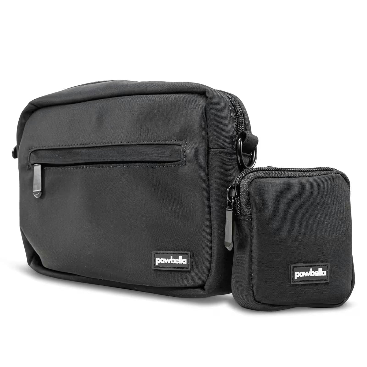 The Pawbella Crossbody Dog Walking Bag, with a front zip pocket and matching mini pouch, features durable fabric and labels—ideal for organizing essentials in your pet backpack or stroller in Australia.