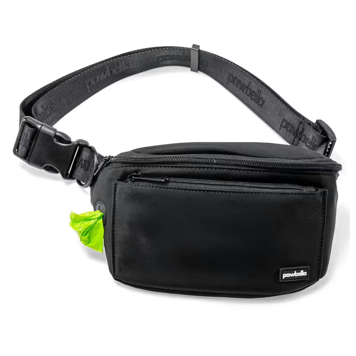 The Pawbella Dog Walking Bum Bag in black features a zip pocket, adjustable strap, and a green waste bag in a side dispenser—ideal for walks or pairing with your favorite pet stroller across Australia.