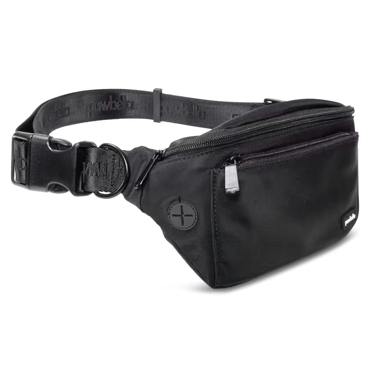 The Pawbella Dog Walking Bum Bag, shown on a white background, features a black design with a zippered main compartment, front pocket, adjustable strap, and plastic buckle—ideal for walks or travel in Australia.