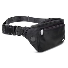 The Pawbella Dog Walking Bum Bag, shown on a white background, features a black design with a zippered main compartment, front pocket, adjustable strap, and plastic buckle—ideal for walks or travel in Australia.
