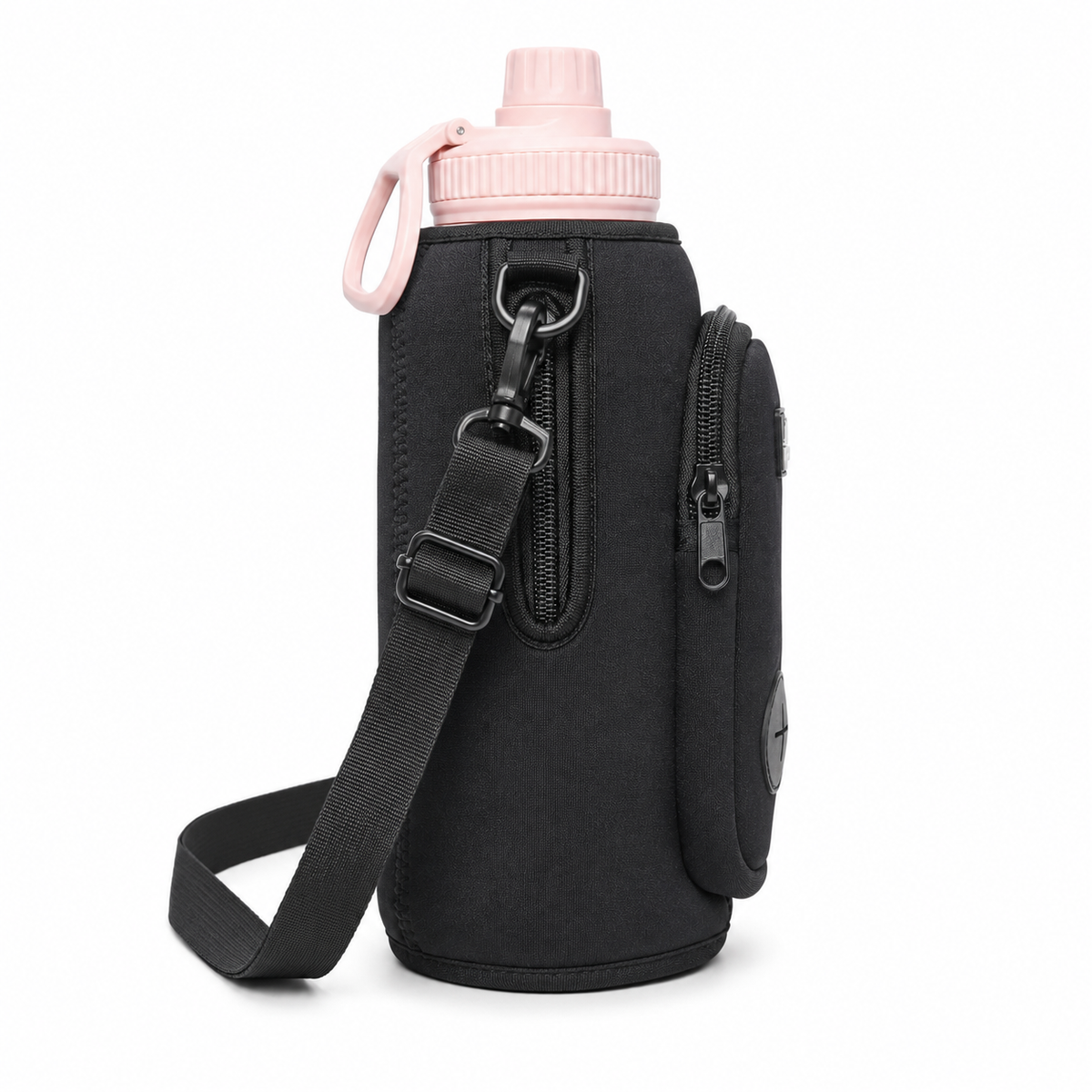 Side view of Pawbella dog water bottle holder bag with adjustable shoulder strap and zip pocket