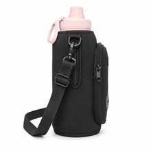 Side view of Pawbella dog water bottle holder bag with adjustable shoulder strap and zip pocket