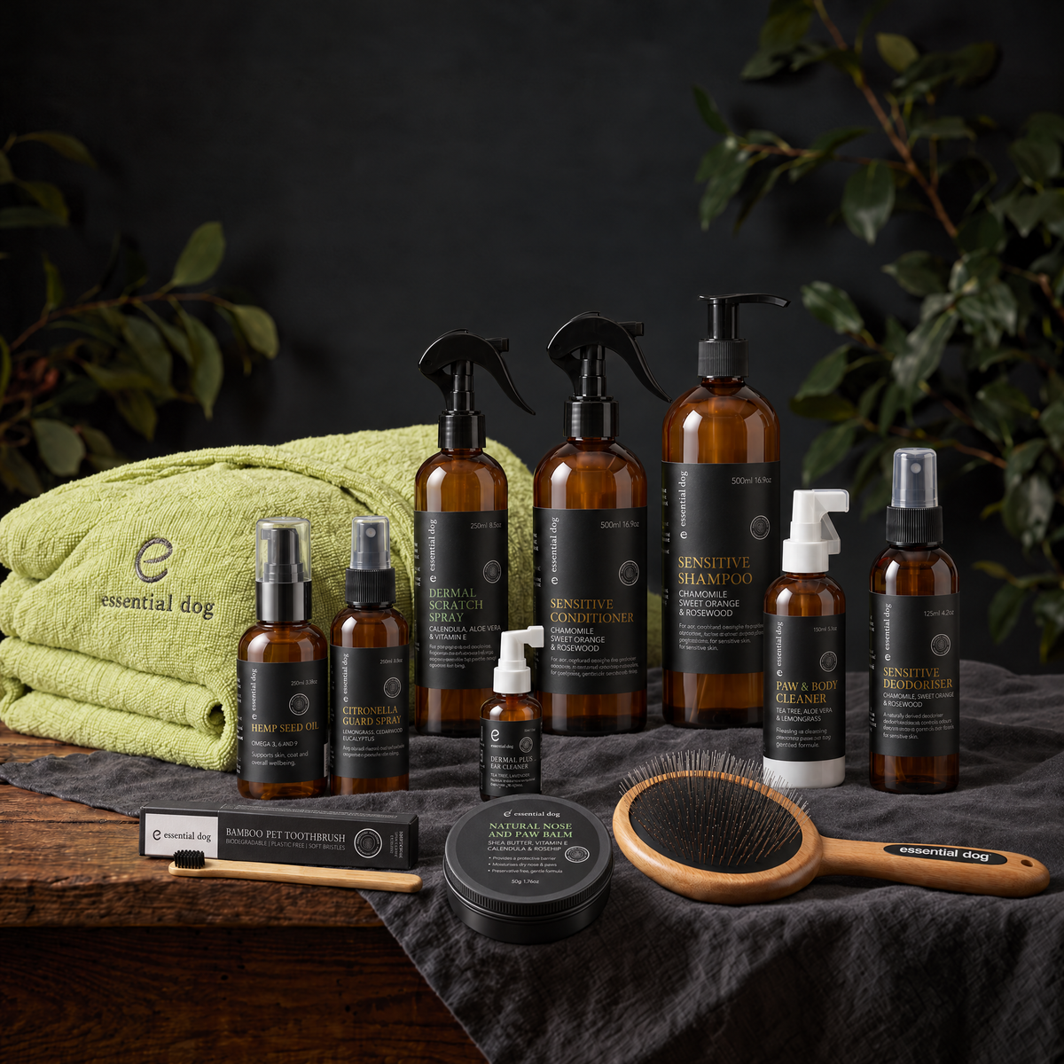 Complete Dog Care Bundle with its included products in an alternate arrangement on the original premium studio background.