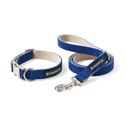 Hemp and Cotton Everyday Walk Bundle — Ink Blue with its matching collar and lead on a clean white background.
