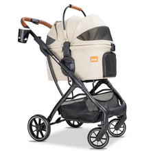 Pawbella Ultimate Pet Stroller in beige, angled view with the ventilated canopy closed.