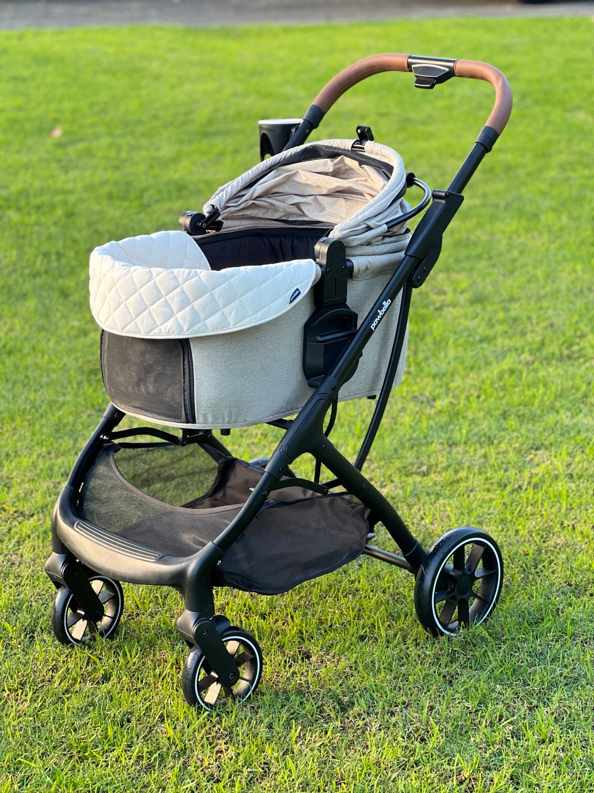 Beige plush cushion set with magnetic quilted cover fitted to a Pawbella Ultimate Pet Stroller