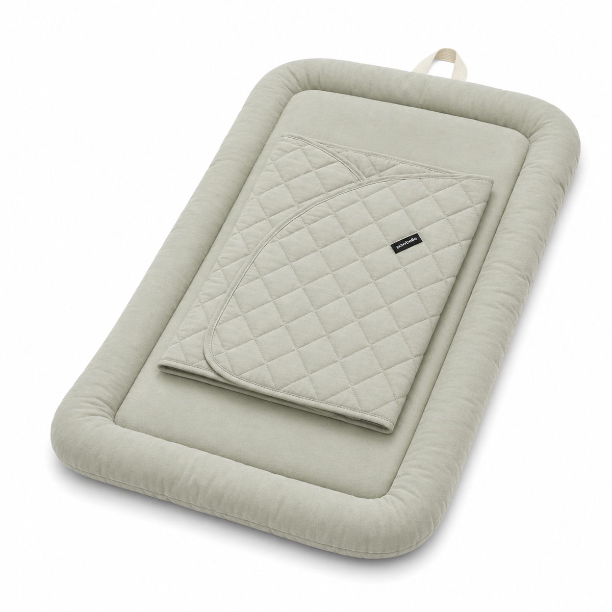 Side angle of the khaki Pawbella Ultimate Pet Stroller plush cushion set