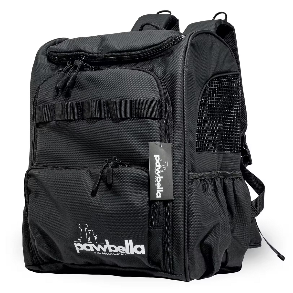 The Outback Explorer by Pawbella is a black, heavy-duty pet backpack with mesh side panels, zippered pockets, and a front logo, designed in Australia to transport small pets up to 12kg.