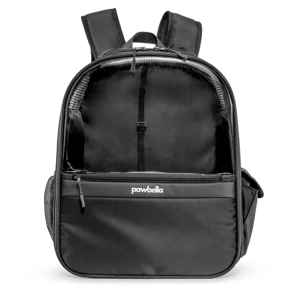 The Panorama XL | Bubble Pet Carrier Backpack by Pawbella features a clear front panel, mesh side pockets, and a large front zipper pocket—perfect for carrying pets up to 10kg on adventures across Australia.